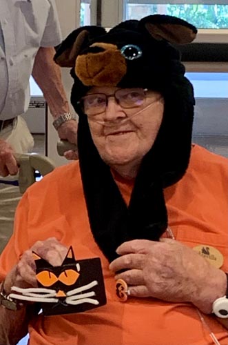assisted living resident wearing halloween costume