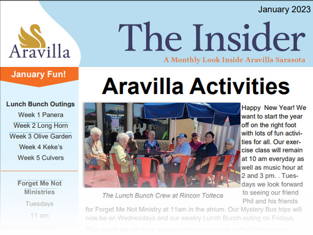 memory care Aravilla Sarasota newsletter January 2023