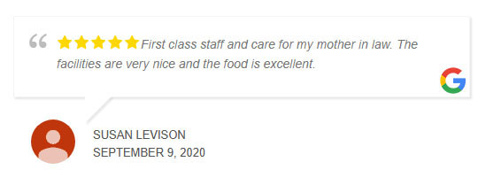 First class staff and care for my mother in law. The facilities are very nice and the food is excellent. Susan Levison